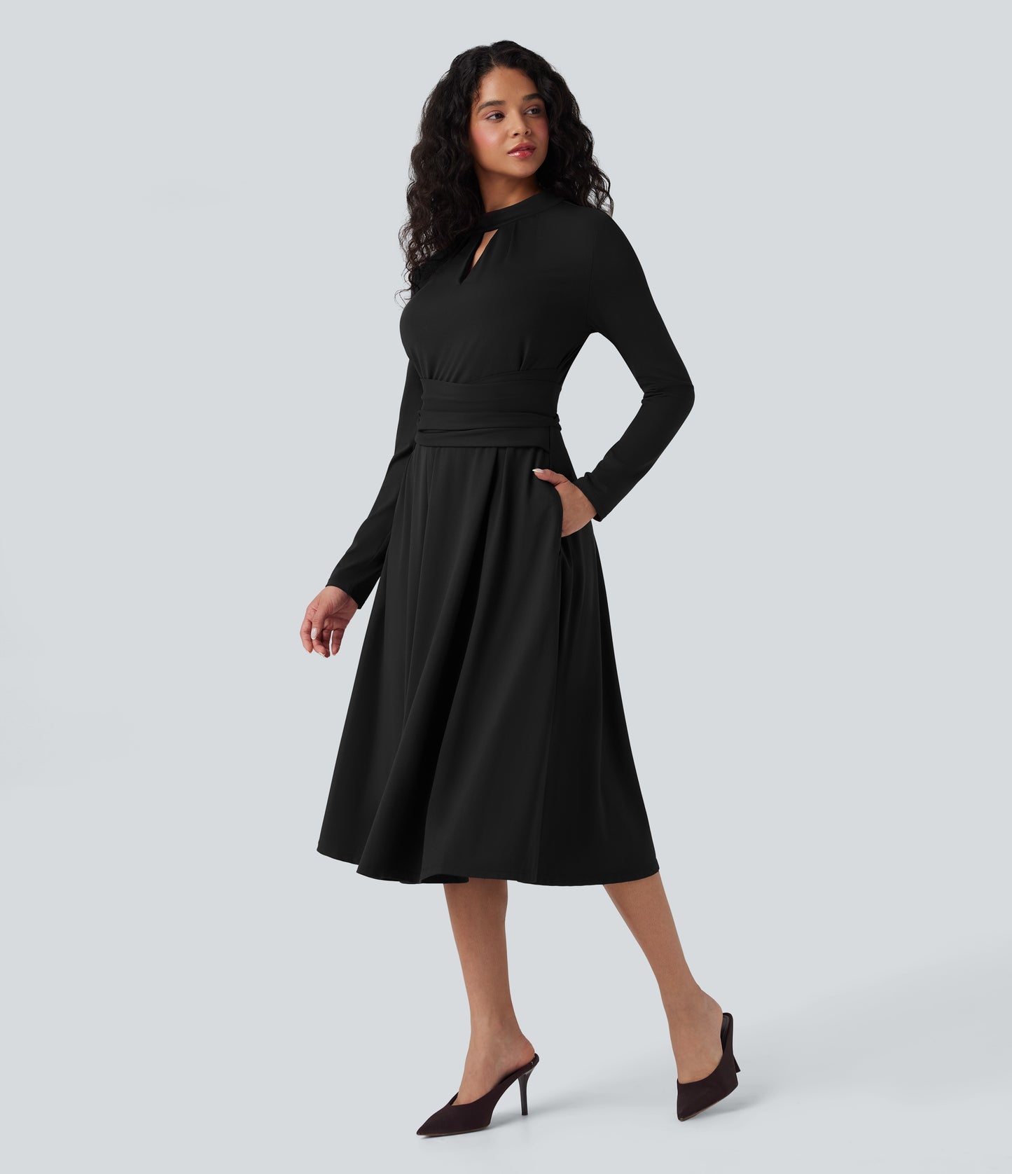 Lucía - Vestido midi de trabajo con bolsillos prácticos, lazo trasero y mangas largas