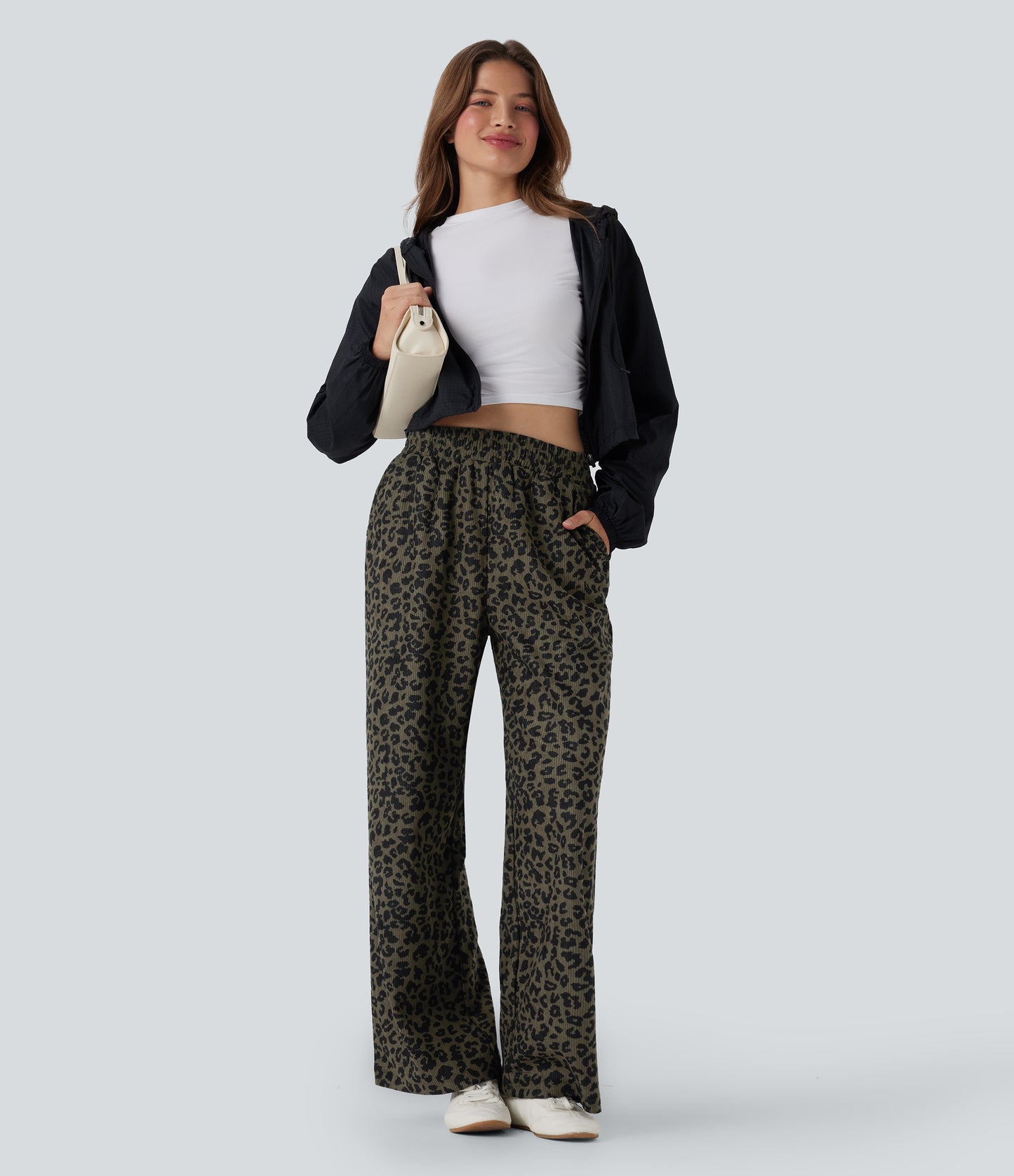 Mery - Pantalones de pana holgados con estampado de leopardo y cintura alta