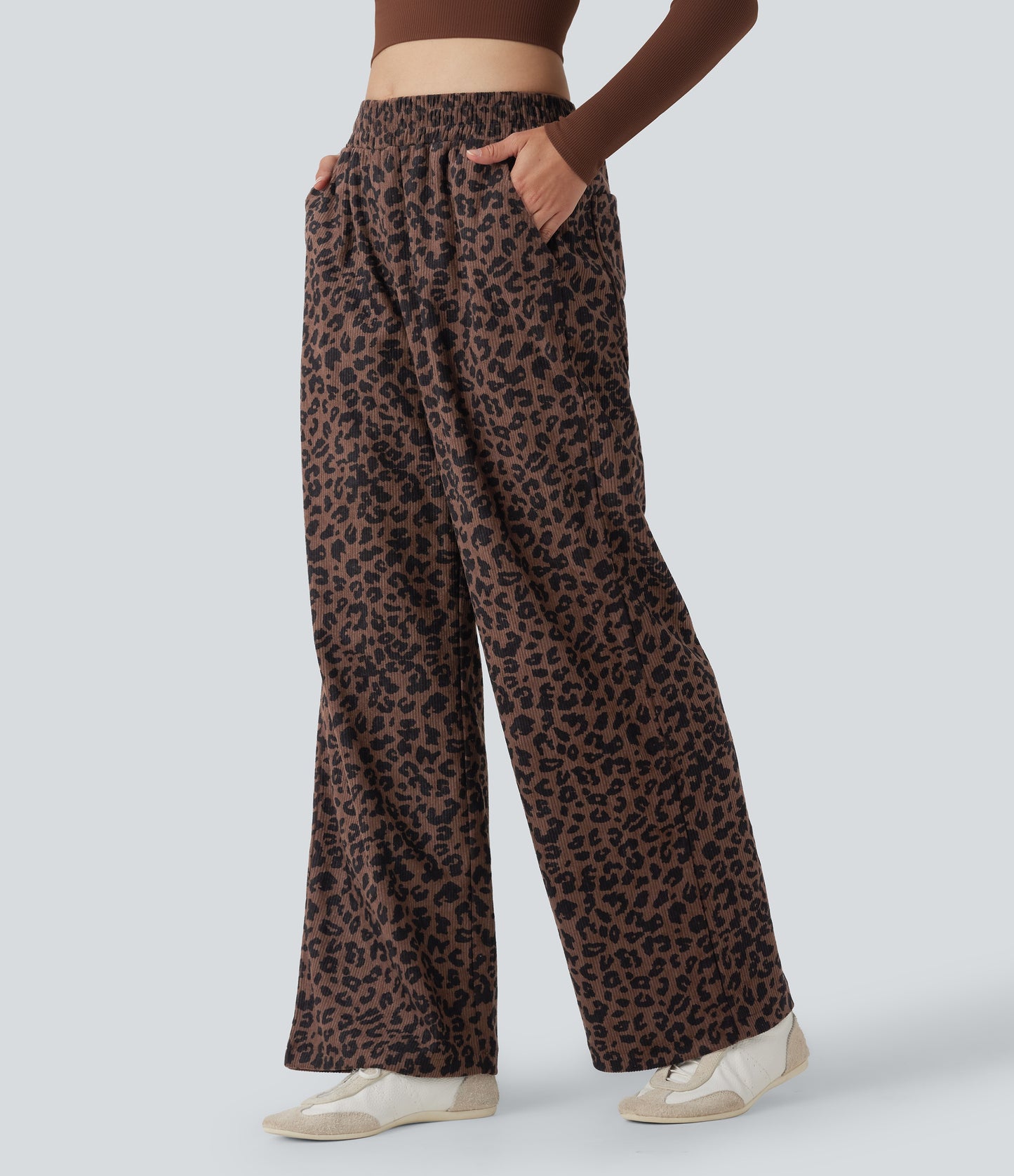 Mery - Pantalones de pana holgados con estampado de leopardo y cintura alta