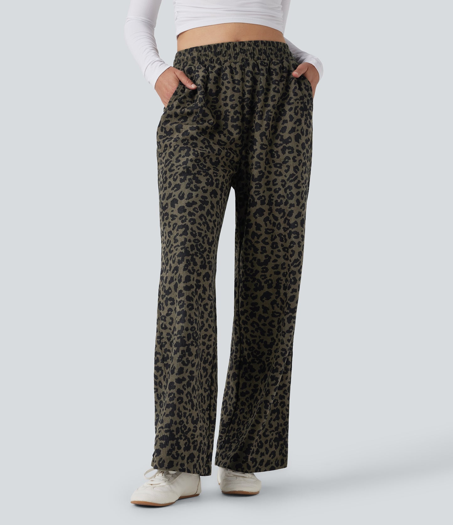 Mery - Pantalones de pana holgados con estampado de leopardo y cintura alta