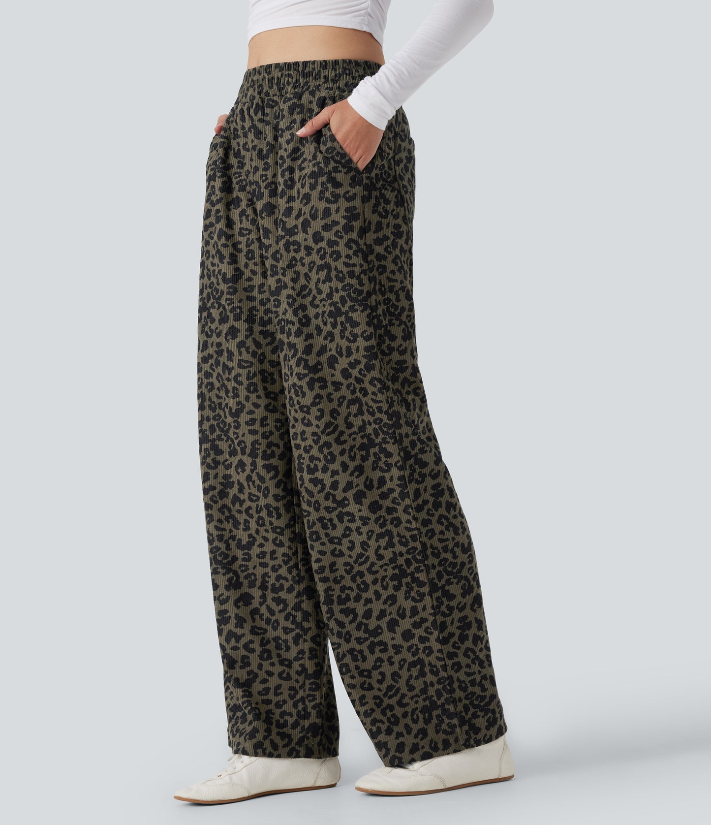 Mery - Pantalones de pana holgados con estampado de leopardo y cintura alta