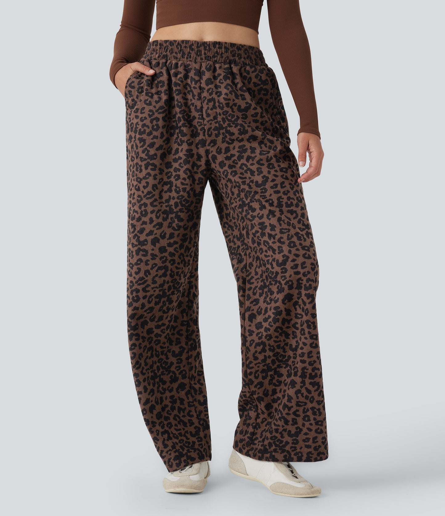 Mery - Pantalones de pana holgados con estampado de leopardo y cintura alta
