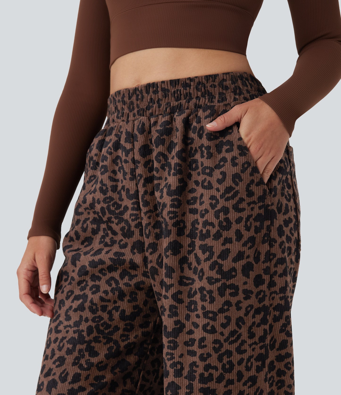 Mery - Pantalones de pana holgados con estampado de leopardo y cintura alta