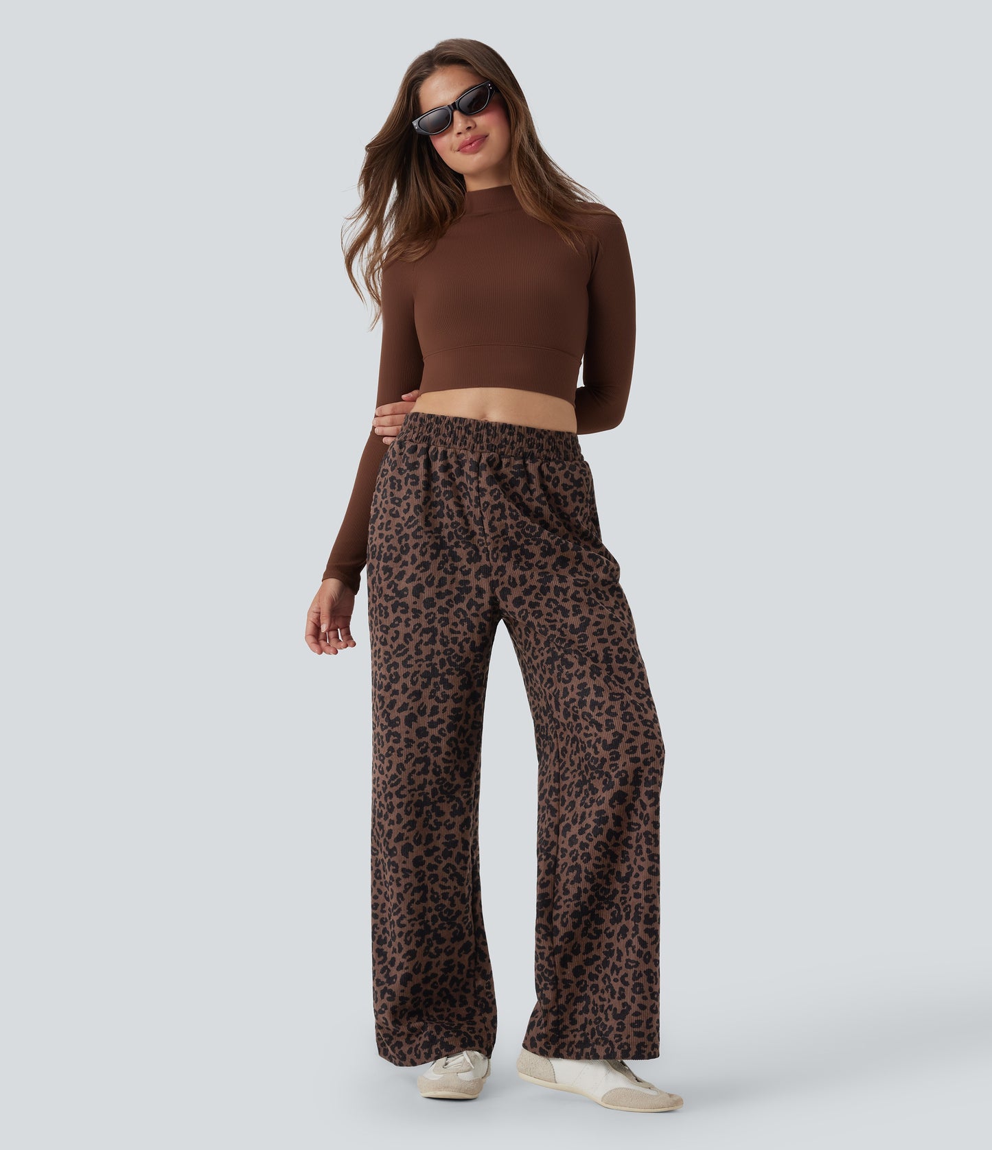 Mery - Pantalones de pana holgados con estampado de leopardo y cintura alta